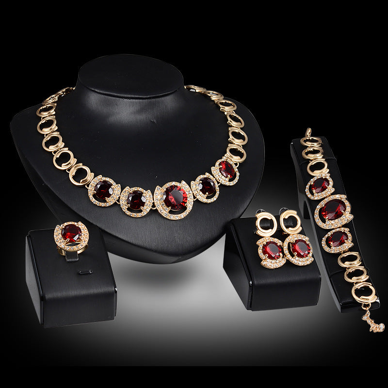 Wedding Bridal Accessories Gold Color Crystal Green Red Zircon Pendant Necklace Earrings Ring Women Wedding Br