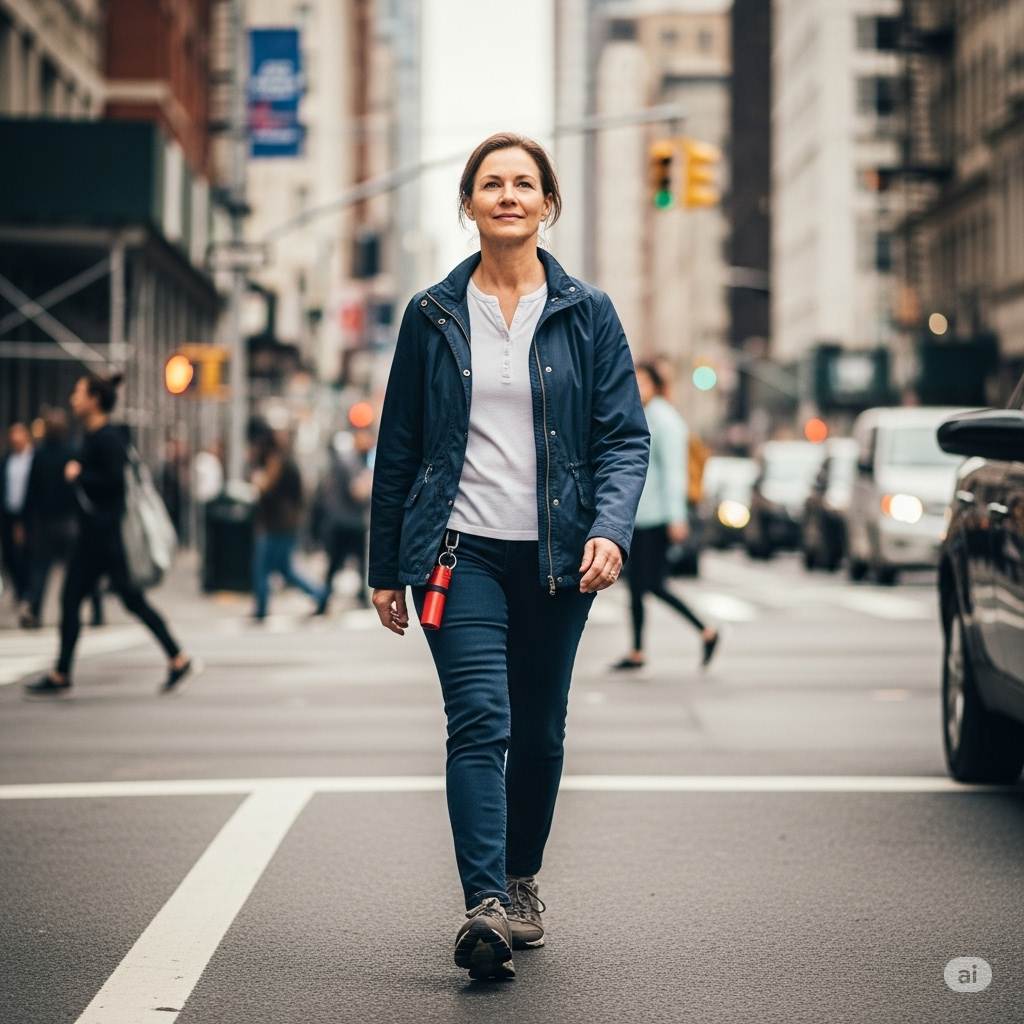 woman walking safely with self defense keychain